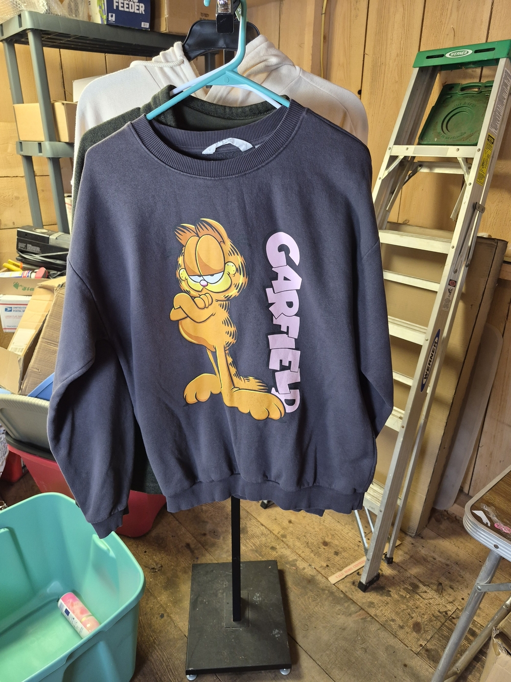 H&M Black Crewneck Sweatshirt with Garfield Print and Pink Logo Bin 61